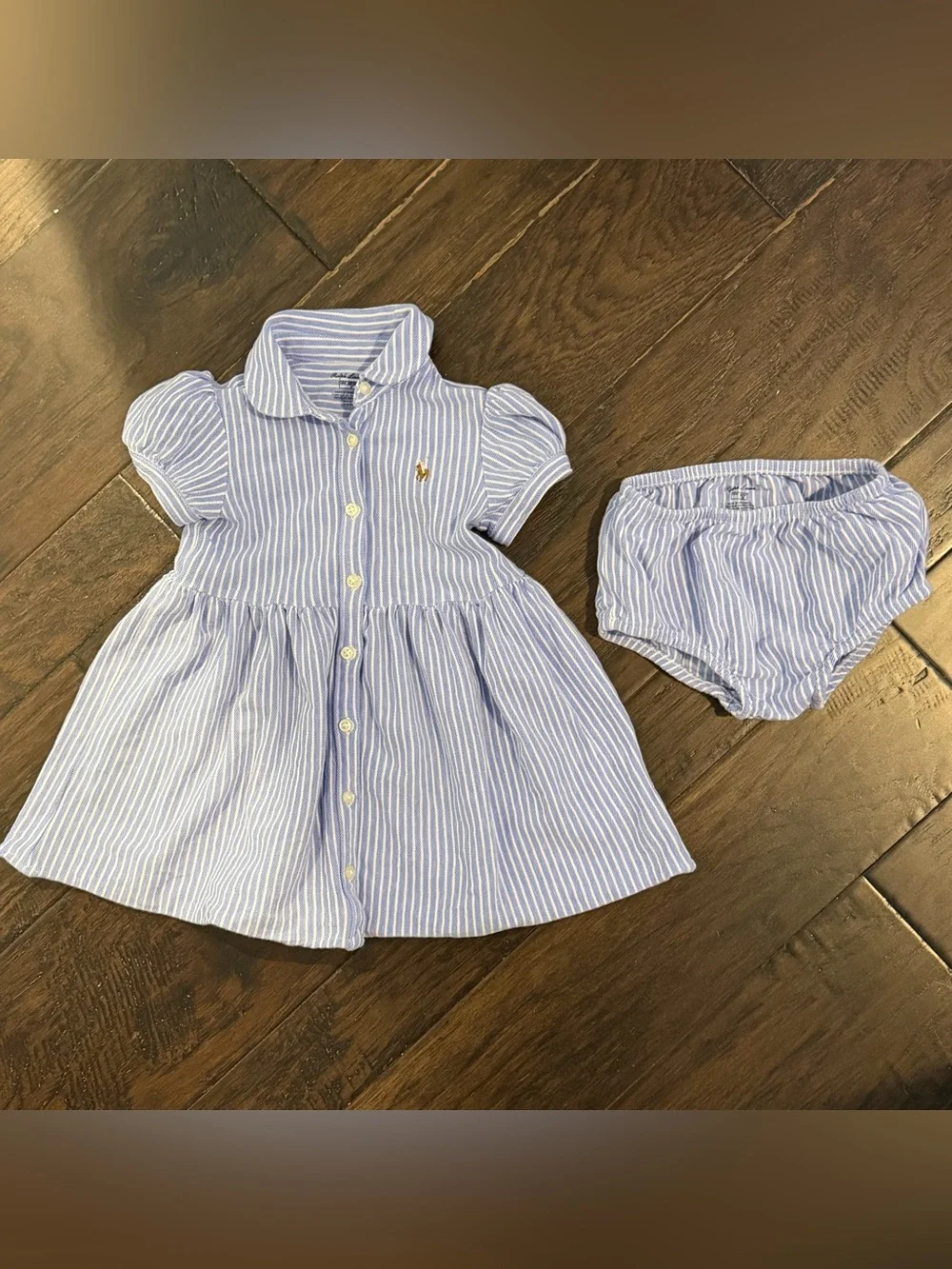 Ralph Lauren blue white stripe button down collar dress with bloomers